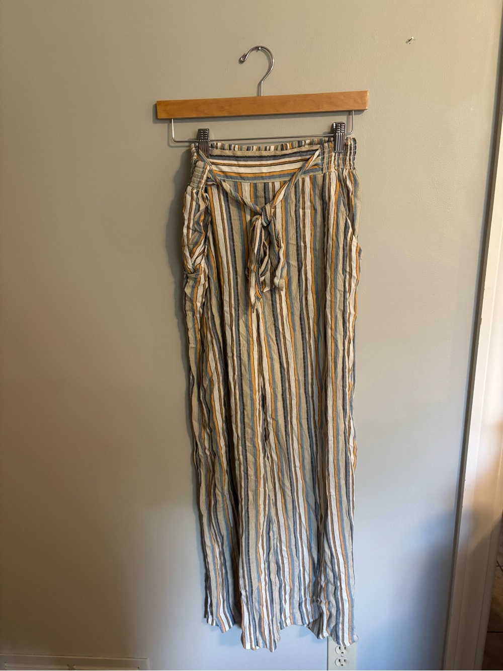 Angie Striped High-Waist Wide Leg Pants in Blue, White, and Mustard